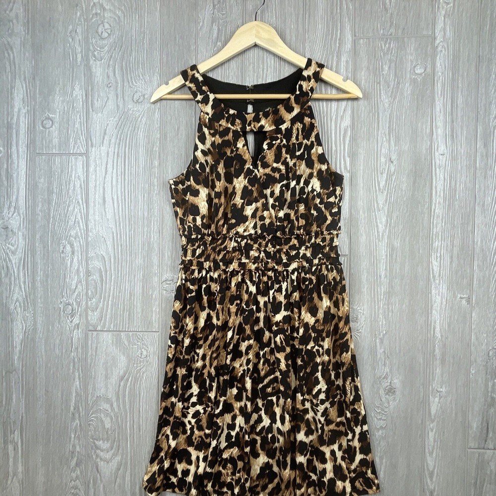 Thalia Sodi Dress Women Medium Brown Leopard Print Smocked Mob Wife Indie Sleaze